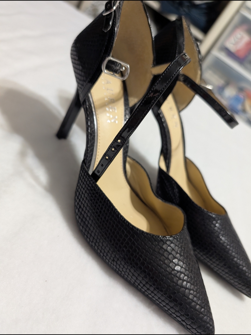 Ralph Lauren Black Textured Pointed-Toe Ankle-Strap Heels Size 6.5B